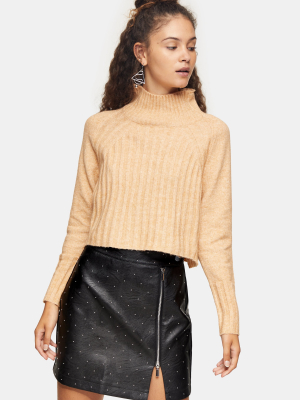 Camel Ribbed Cropped Funnel Neck Knitted Sweater