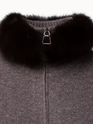 Zip Cashmere Knit Cardigan With Detachable Fur Collar