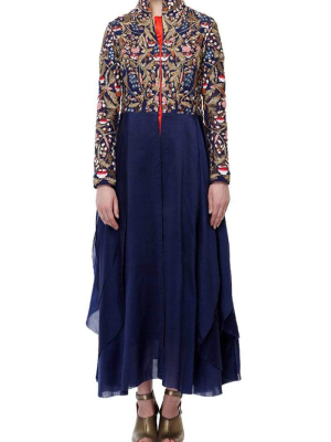 High-collared Asymmetric Embroidered Dress