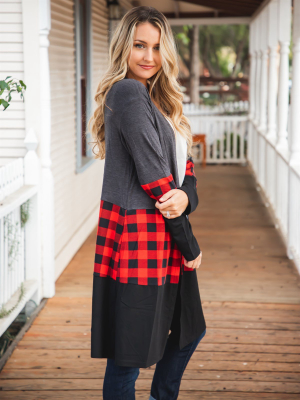 The Violet Cardigan - Charcoal/red Plaid