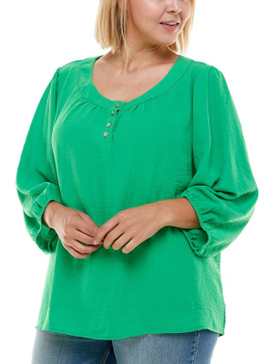 Adrienne Vittadini Henley Three Quarter Sleeve Blouse - Plus