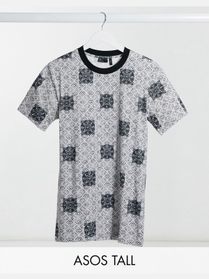 Asos Design Tall Skinny Fit T-shirt With All-over Tile Print