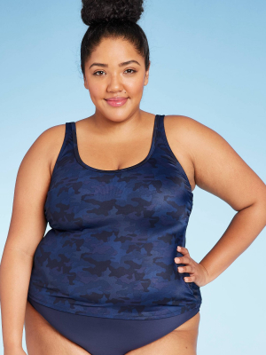 Women's Plus Size Scoop Neck Tankini Top - All In Motion™ Navy Camo