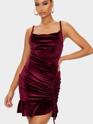 Burgundy Velvet Strappy Ruched Frill Hem...