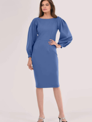 Blue Long Sleeve Pleated Pencil Dress