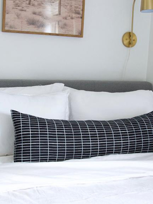 Black Linen Extra Long Lumbar Pillow With Printed White Grid - 14x36