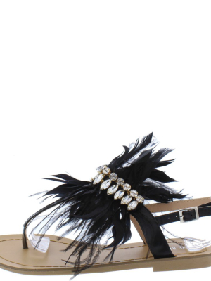 Fluffy Fluffy Black Feather Rhinestone Slingback Thong Sandal