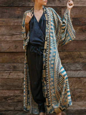 Belted Geometric Print Sleeved Maxi Brazilian Beach Cover Up