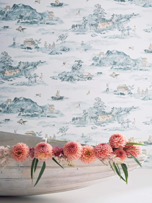 Classic Mountains Wallpaper In Blue And Peach By Sian Zeng