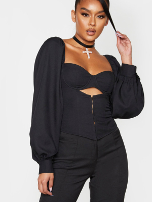 Black Woven Cut Out Front Boned Shirt