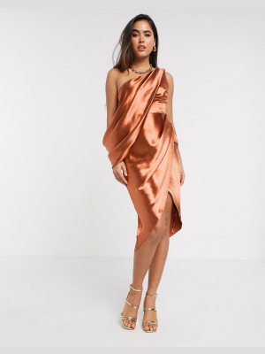 Asos Design One Shoulder Drape Detail Midi Dress