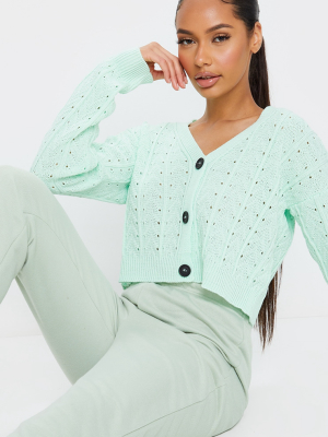 Mint Cropped Cable Pointelle Button Down Cardigan