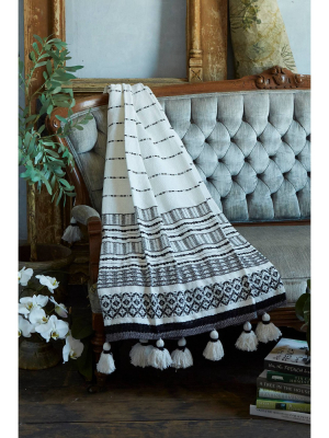 50"x60" Woven Striped Throw Blanket With Pom-poms Black - Patina Vie