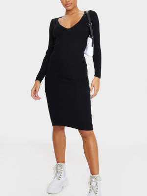 Black V Neck Knitted Midi Dress