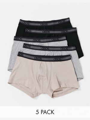 Asos Design 5 Pack Short Trunks With Tonal Waistband Save