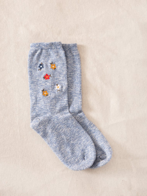 The Great Floral Embroidered Sock. -- Blue With Multi Floral Embroidery