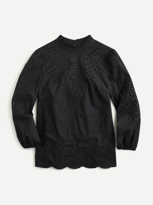 Mockneck Cotton Poplin Top With Embroidered Eyelet