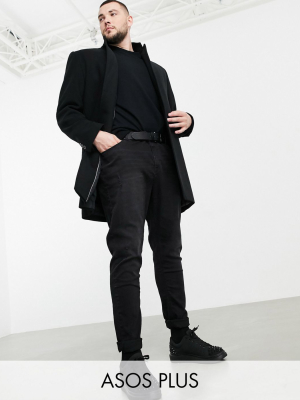 Asos Design Plus Wool Mix Overcoat With Inverted Lapel In Black