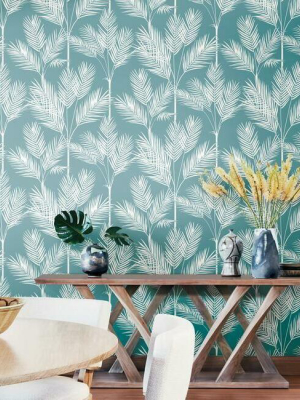 King Palm Silhouette Wallpaper In Light Blue From The Water's Edge Collection By York Wallcoverings