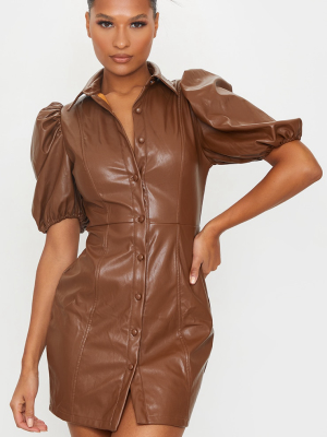 Chocolate Faux Leather Puff Sleeve Bodycon Dress