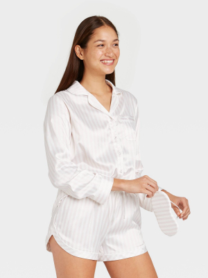 Women's 3pc Striped Satin Long Sleeve Notch Collar Top And Shorts Pajama Set - Stars Above™ Soft Pink