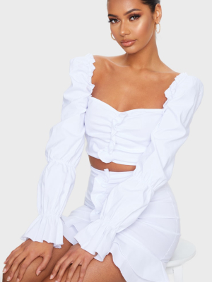 White Woven Stretch Frill Ruched Front Long...