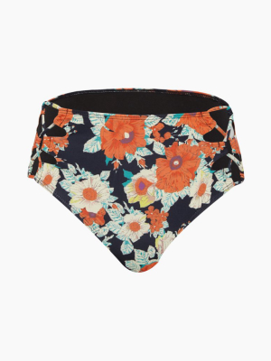 Vintage High Waist Lace Up Sides Bikini Bottom - Navy Blue & Orange Floral Print