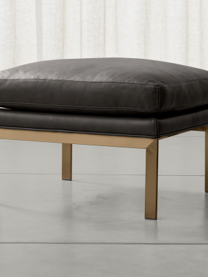 Milo Baughman ® Leather Ottoman With Brushed Brass Base