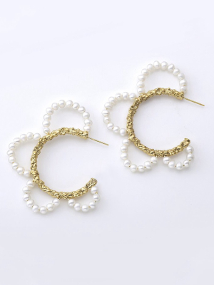 Pearls Petals Statement Hoops - Gold