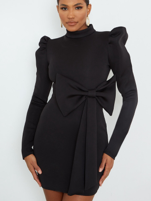 Black High Neck Bow Detail Scuba Bodycon Dress