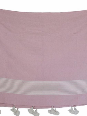 Moroccan Pom Pom Blanket, White Stripes On Pink With White Pom Poms