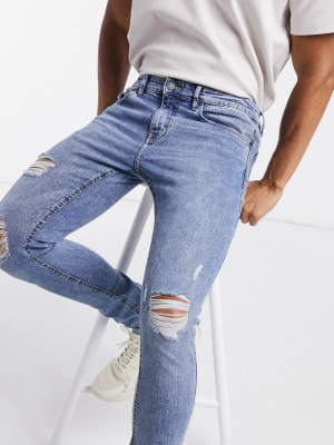 Pull&bear Super Skinny Jeans With Rips In Light Blue