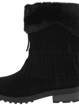 Daytona35 Black Faux Fur Trim Fringe Boot