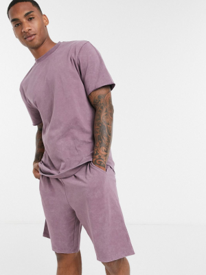 Asos Design Lounge T-shirt And Short Pajama Set In Washed Purple