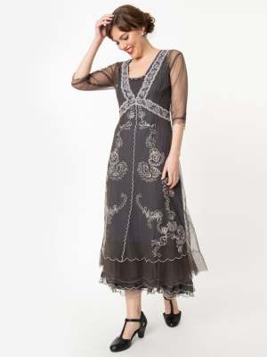 Vintage Style Grey Mesh Embroidered Edwardian Dress