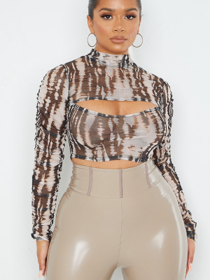 Shape Brown Tie Dye Mesh Cut Out Crop Top