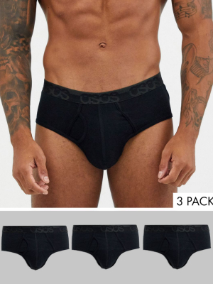 Asos Design 3 Pack Brief In Black Organic Cotton With Black Tonal Branded Waistband