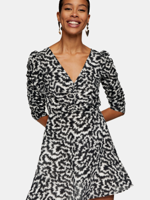 Black And White Print Ruched Front Mini Dress