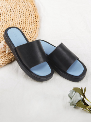 Coffee Run Black Wide Band Slide Sandals