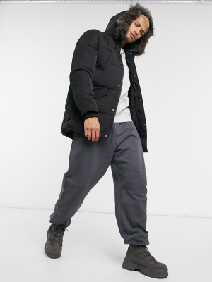 Asos Design Puffer Jacket With Faux Fur Hood In Black
