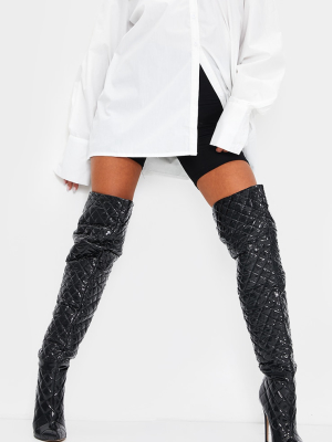 Black Vinyl Quilted Thigh High Boots