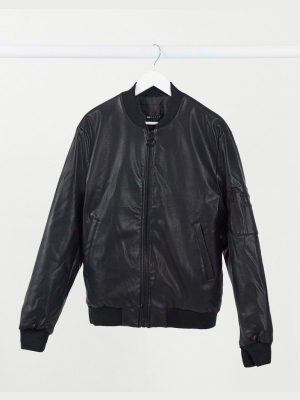 Asos Design Faux Leather Bomber Jacket In Black