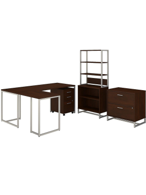 Office By Kathy Ireland 71" L-shaped Desk With File Cabinets And Bookcase, Century Walnut Mth029cwsu