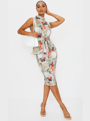 Stone Floral Print High Neck Tie Waist Peplum...