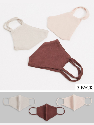 Asos Design 3 Pack Organic Cotton Triple Layer Jersey Face Covering In Beige And Burgundy Tones