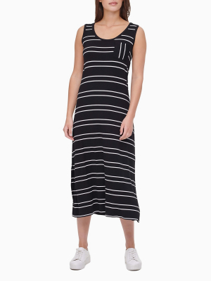 Striped Crewneck Patch Pocket Maxi Dress