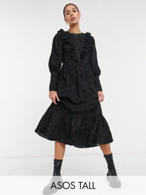 Asos Design Tall Eyelet Midi Smock Dress With Ruffle Detail In Black