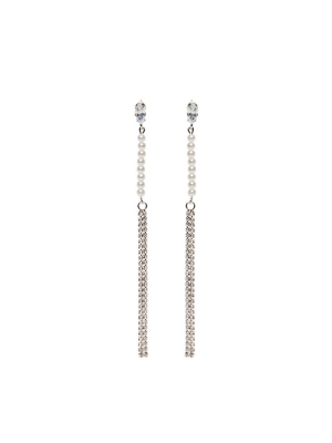 Crystal Pearl Long Drop Earrings Silver