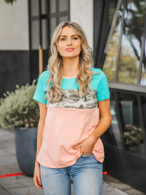 Miya Color Block Top - Mint/camo/peach