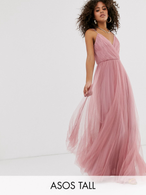 Asos Design Tall Cami Pleated Tulle Maxi Dress In Rose